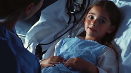 A young girl is lying in a hospital bed, receiving medical attention