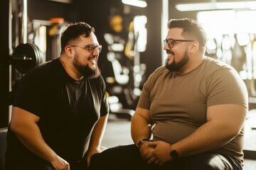 Fototapeta premium Two Men Talking and Laughing in a Gym