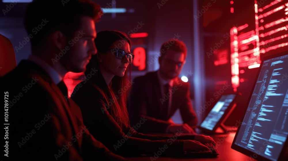 Poster group of people using laptops and desktops for work or personal use, possibly in an office setting