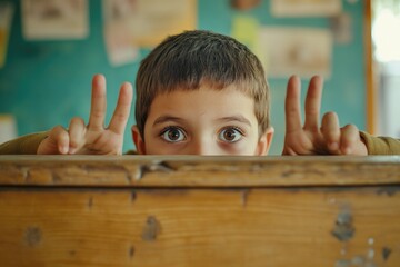A young boy looking over a school or office desk, likely curious about what's inside