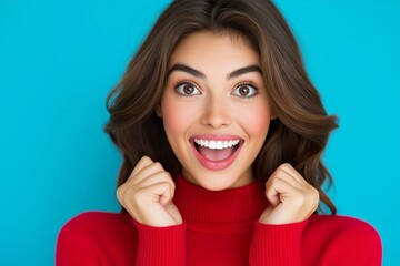 Fototapeta premium Woman with brown hair and a red sweater is smiling. She has her hands on her hips and is wearing a red sweater. Front view smiley woman with fireworks