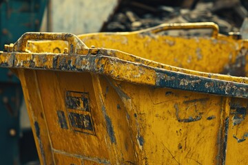 A yellow dumpster filled with various junk and debris