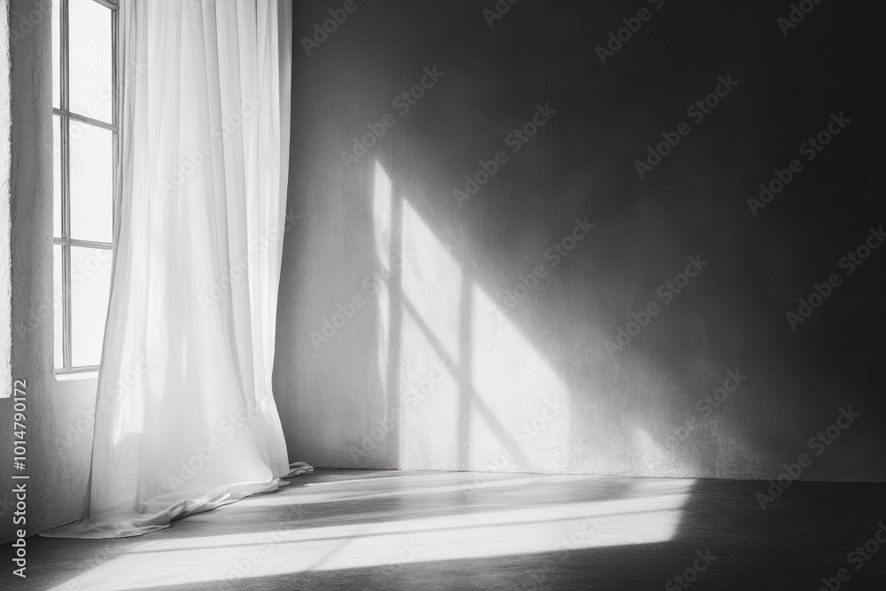 Poster A black and white photo of a window with curtains, suitable for use in interior design or architecture concepts