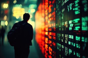 A person stands before a large wall displaying numerical data