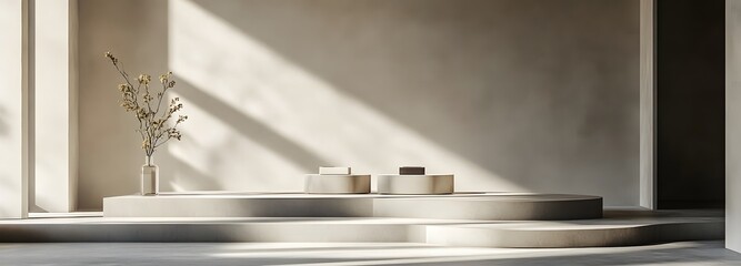 3. An artistic 3D render of a luxurious minimalist setup, featuring an innovative arrangement of podiums and soft shadows, evoking a sense of elegance and exclusivity for product presentation