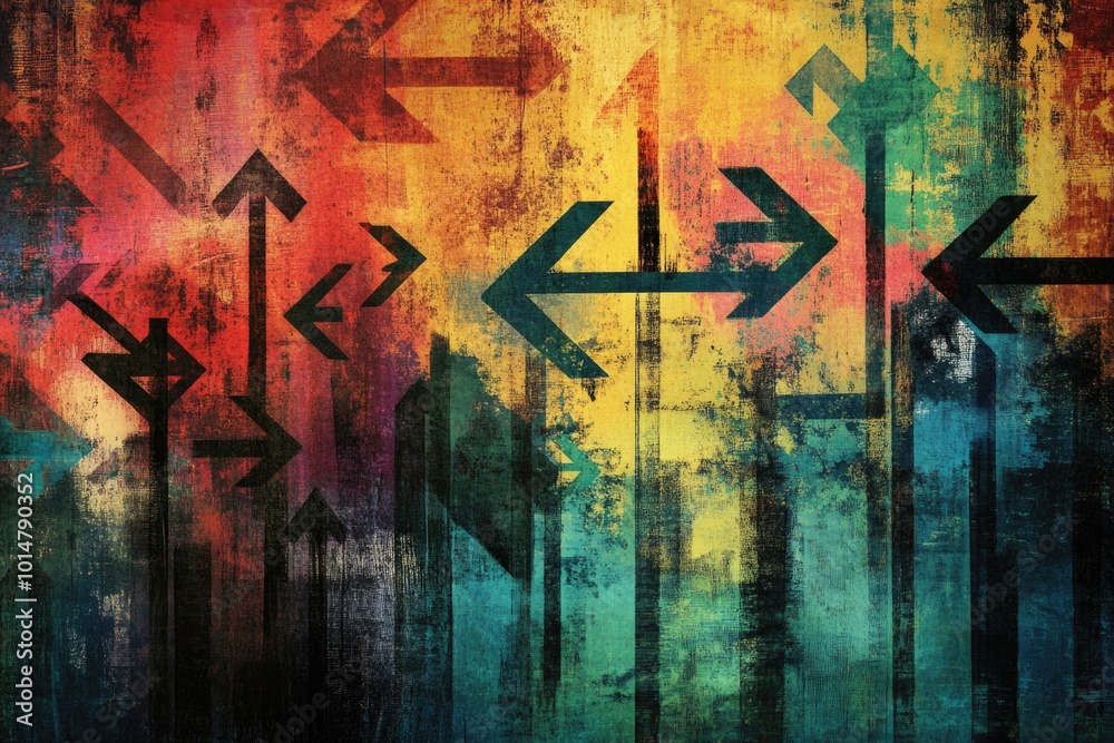 Aufkleber A painting of arrows pointing in various directions, ideal for use as a conceptual or abstract illustration