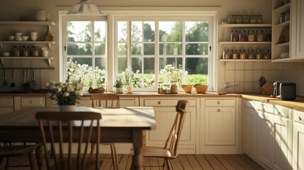 Embracing Natural Light: A Charming Country Kitchen with Windows Framing Lush Gardens and Inviting Decor for a Cozy Home Atmosphere