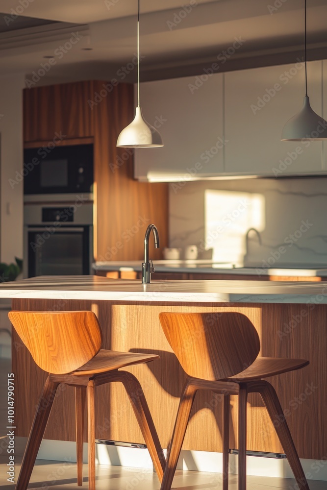 Poster a simple kitchen scene with two wooden chairs facing a counter