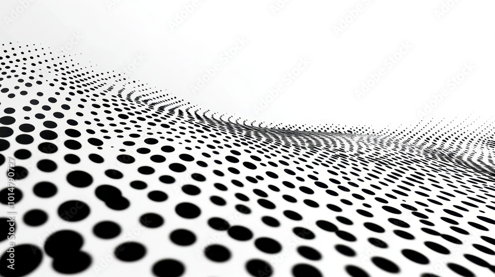 Poster a curved wave pattern of flowing dots creates a halftone effect on a white backdrop, representing a 