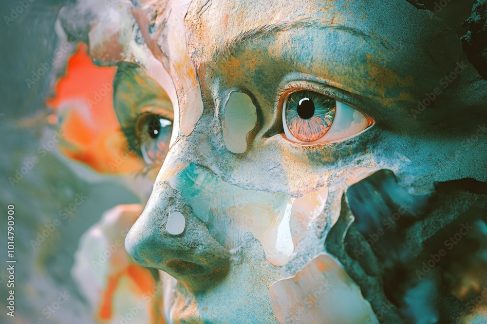 Poster a close-up shot of a statue depicting a woman's face with intricate details and expression