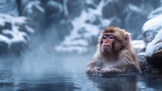 A serene snow monkey sitting in a hot spring with steam and snowy rocks