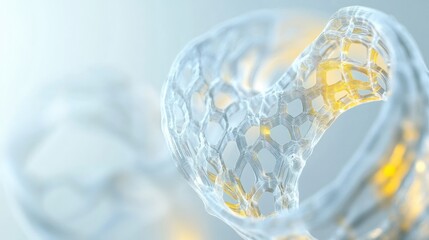 A close-up view of a transparent medical stent, showcasing its intricate mesh structure.
