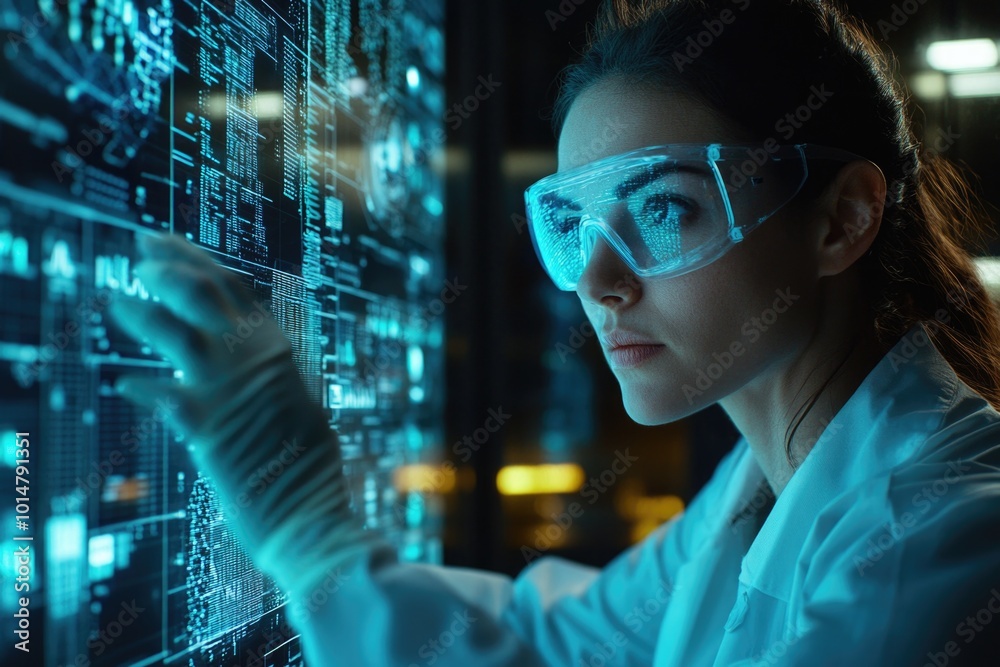 Poster woman in a lab coat and goggles works on a computer screen, focused on her task