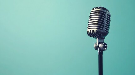 Fototapeta premium A vintage microphone on a stand against a turquoise background.