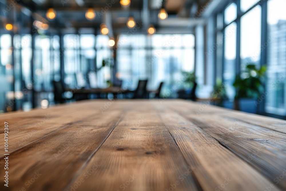 Poster a wooden table placed in a spacious room filled with natural light from the many windows