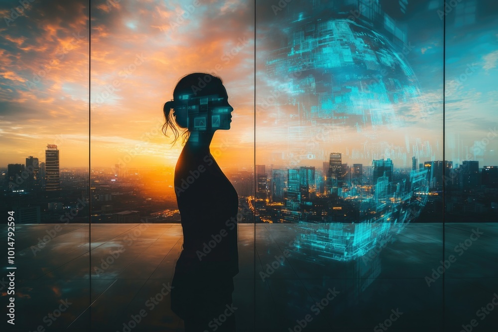 Poster a woman standing in front of a large window with a calm and peaceful atmosphere