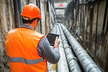 A person wearing an orange safety vest holds a tablet computer on the go