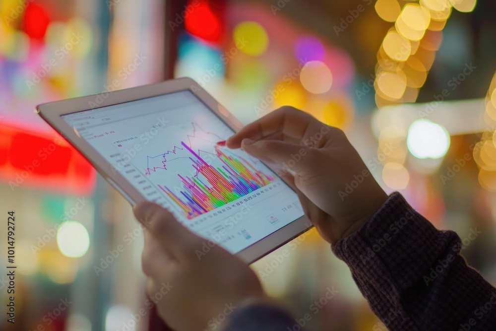 Poster a person analyzing information on a tablet computer, suitable for business or finance concepts