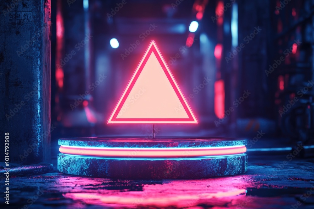 Poster a neon triangle lit up in a dimly lit room, providing a pop of color and attention