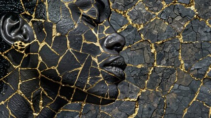 A black and gold abstract mosaic of the silhouette of an African woman, with golden cracks in her skin and a beautiful face, reaching for something she can't get to