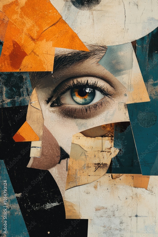 Poster close-up of a person's face surrounded by multiple pieces of paper, ideal for an educational or rese