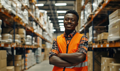 smiling worker in orange vest stands confidently in a warehouse, man working by organized shelves, efficient inventory management and teamwork concept