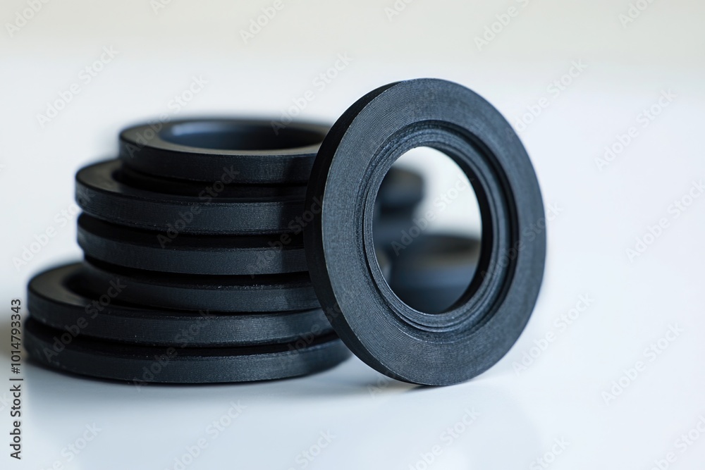 Poster stack of black rubber rings on a clean white surface, suitable for backgrounds and minimalist compos