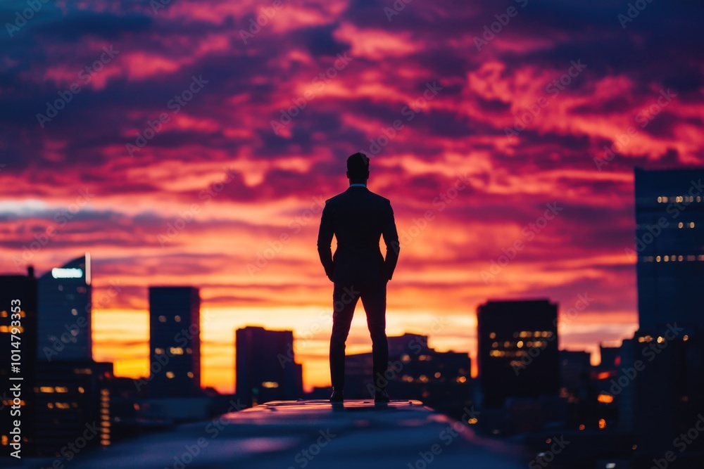 Canvas Prints A person stands on the rooftop with a beautiful sunset in the background