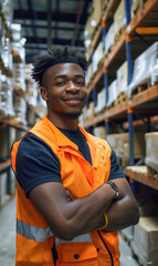 Fototapeta premium smiling worker in orange vest stands confidently in a warehouse, man working by organized shelves, efficient inventory management and teamwork concept