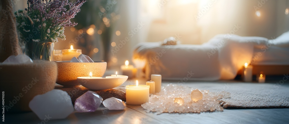 Poster serene healing space with candles and crystals
