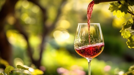 A stream of red wine being poured into a wine glass with a blurred background, capturing the elegance of the moment.