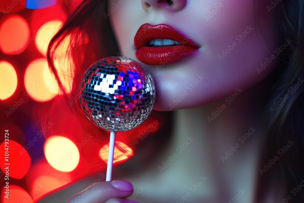 Canvas Prints A woman holds a disco ball in front of her face, creating a reflective shield