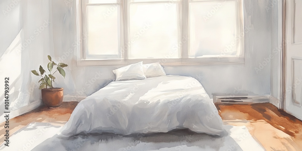 Sticker A white bed with a potted plant in the corner. The room is bright and airy, with sunlight streaming in through the windows