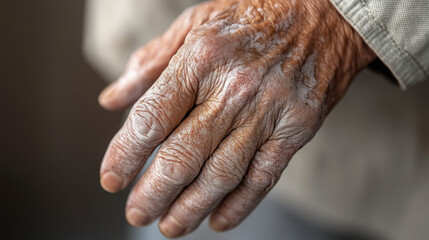 Fototapeta premium Close-Up View of a Psoriasis-Affected Hand Demonstrating Thick Red Patches with Silvery Scales, Highlighting Uneven Skin Texture and Severe Condition Under Dramatic Lighting