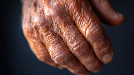 Fototapeta premium Macro Image of a Hand Exhibiting Psoriasis with Thick Red Patches and Silver Scales, Showcasing Uneven Skin Texture and Clear Plaque Borders in Artistic Lighting