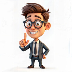 cartoon businessman in business attire suit glasses  showing presentation pointing finger with big smile on face standing 3d rendering illustration isolated on white
