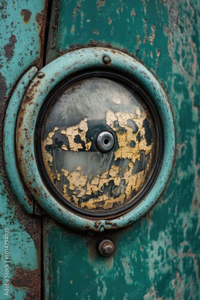 Poster close-up shot of a rusted green door with intricate details