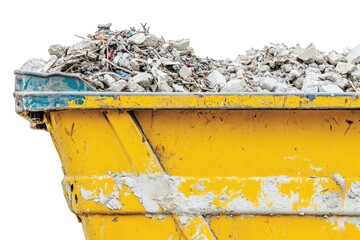 A yellow dumpster filled with various types of rubble and debris, often used for construction or renovation purposes