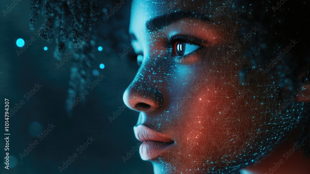 Poster close-up of a person's face against a bright blue background, suitable for use in editorial or comme