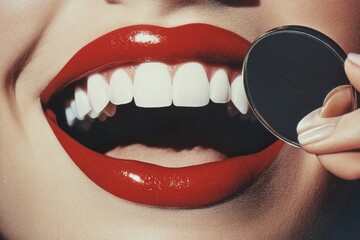 A close-up shot of a person holding a mirror to their mouth, potentially checking for lipstick or making a funny face