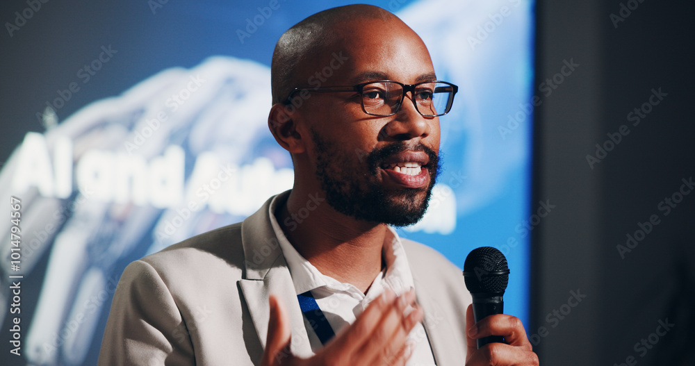 Poster black man, speaker and presentation in business seminar for project, machine learning or company. ma