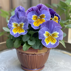 Pansy 'Blueberry Fairy' is an eye catching flower with yellow and purple petals, white edges on the edge of each petal, 