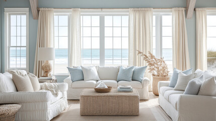 Embrace Coastal Serenity: Designing a Bright and Inviting Living Room with Ocean Views and Natural Textures for Ultimate Relaxation