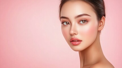 Fototapeta premium A young Asian woman with natural makeup, plump lips, and fresh skin posing against a soft pink background.