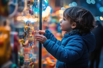 Obraz premium A curious child examines a colorful array of toys and games