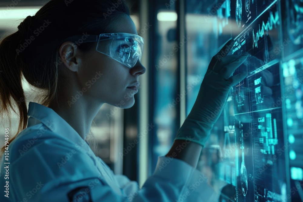 Poster a woman in a lab coat and goggles scrutinizes a computer screen, likely analyzing research data