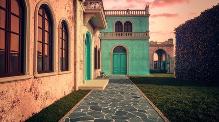Naklejka premium Elegant structure with chocolate window frames, a turquoise terrace, and blush walls The path is ivory, leading to a cerulean door, with a slate lawn under a rose sky