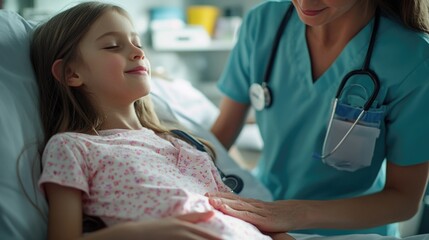 Obraz premium A young girl rests in a hospital bed, surrounded by medical equipment