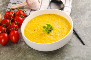 Vegetarian corn cream soup served parsley