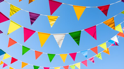 Decorative colorful triangular party flags, birthday celebration, festival and fair decoration. .AI generated image, ai